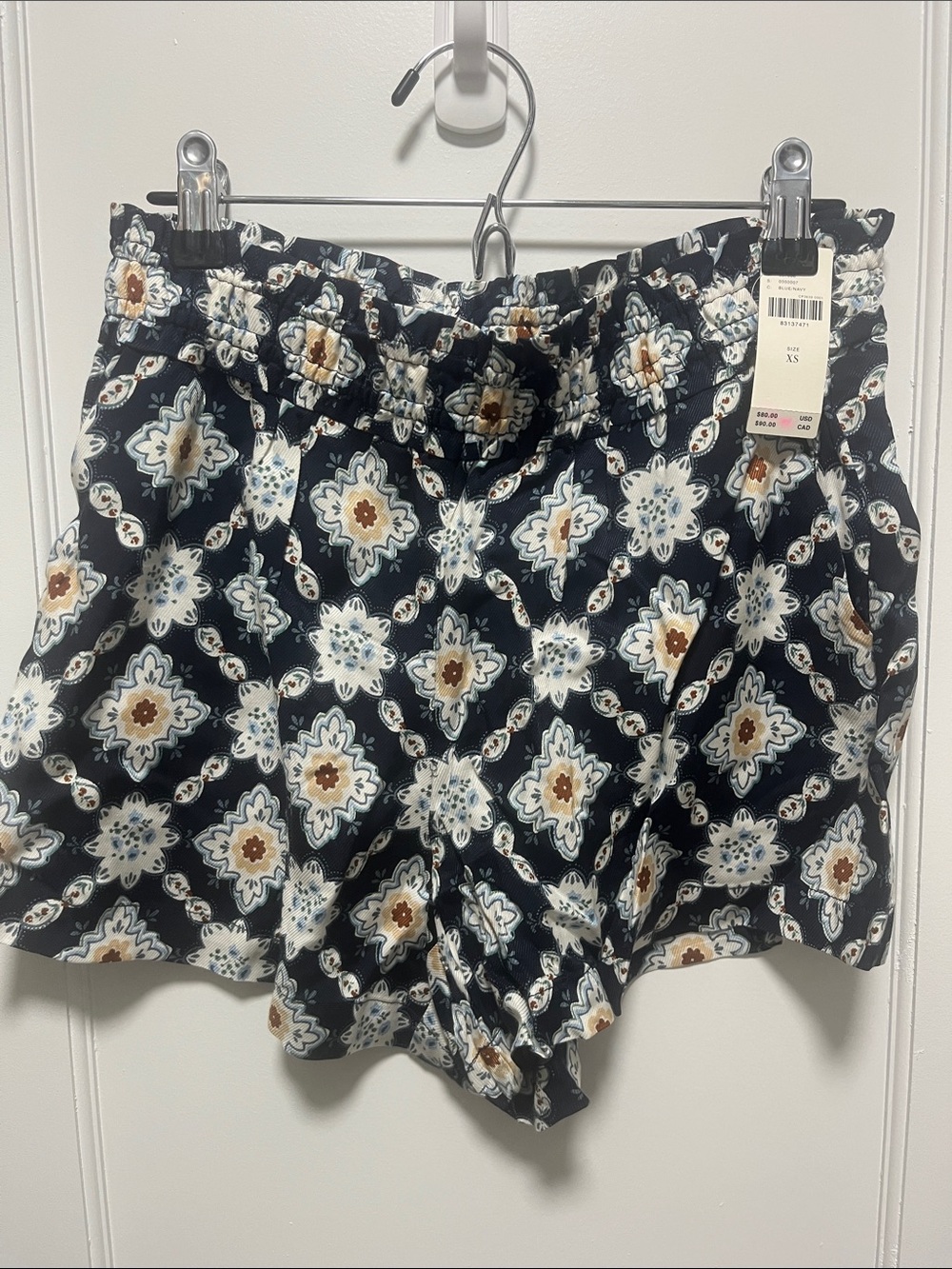 Women's Blue Floral Pattern Elastic-Waist Shorts